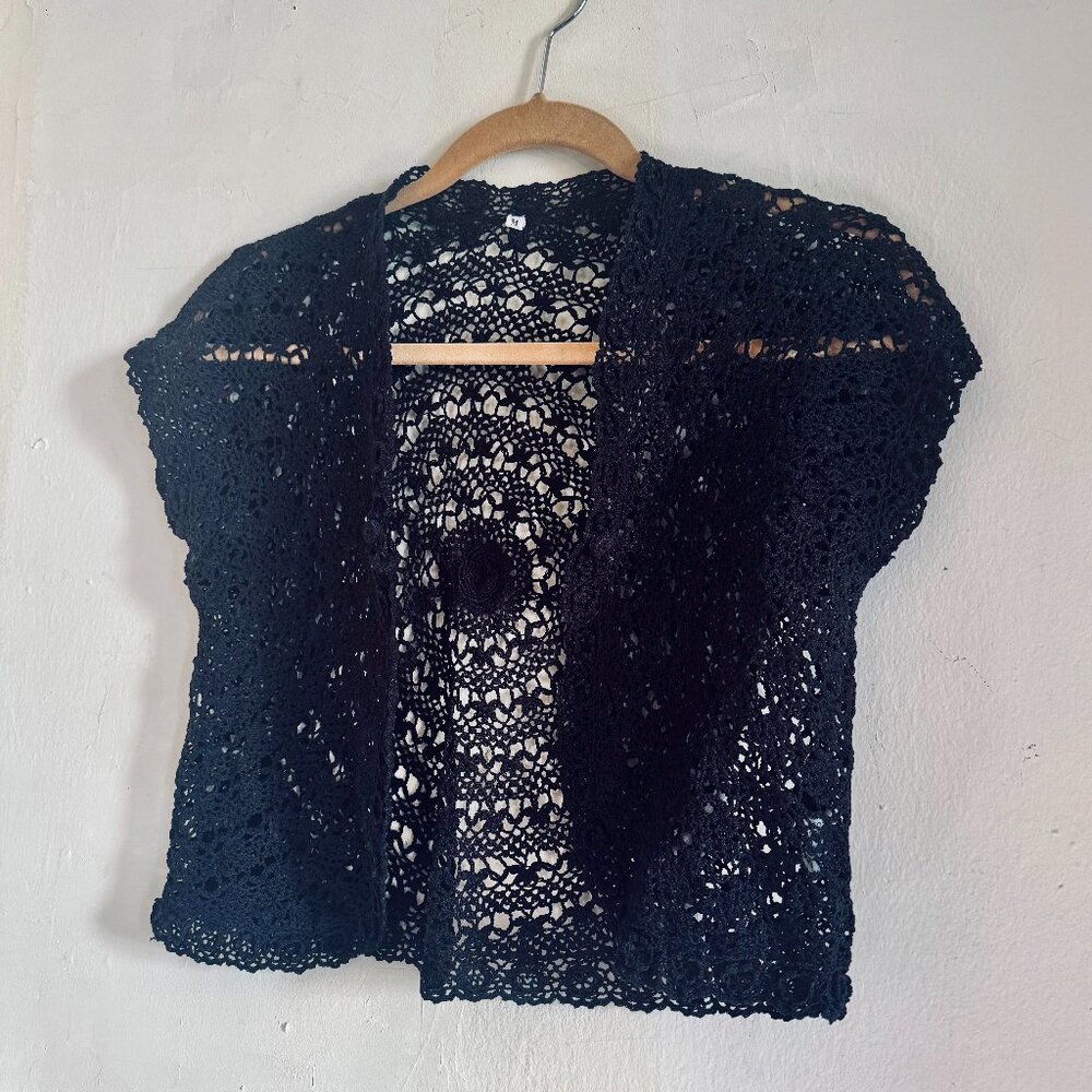 Vintage Bohemian  Black Cotton  Crochet Vest Size S - Picture 3 of 7